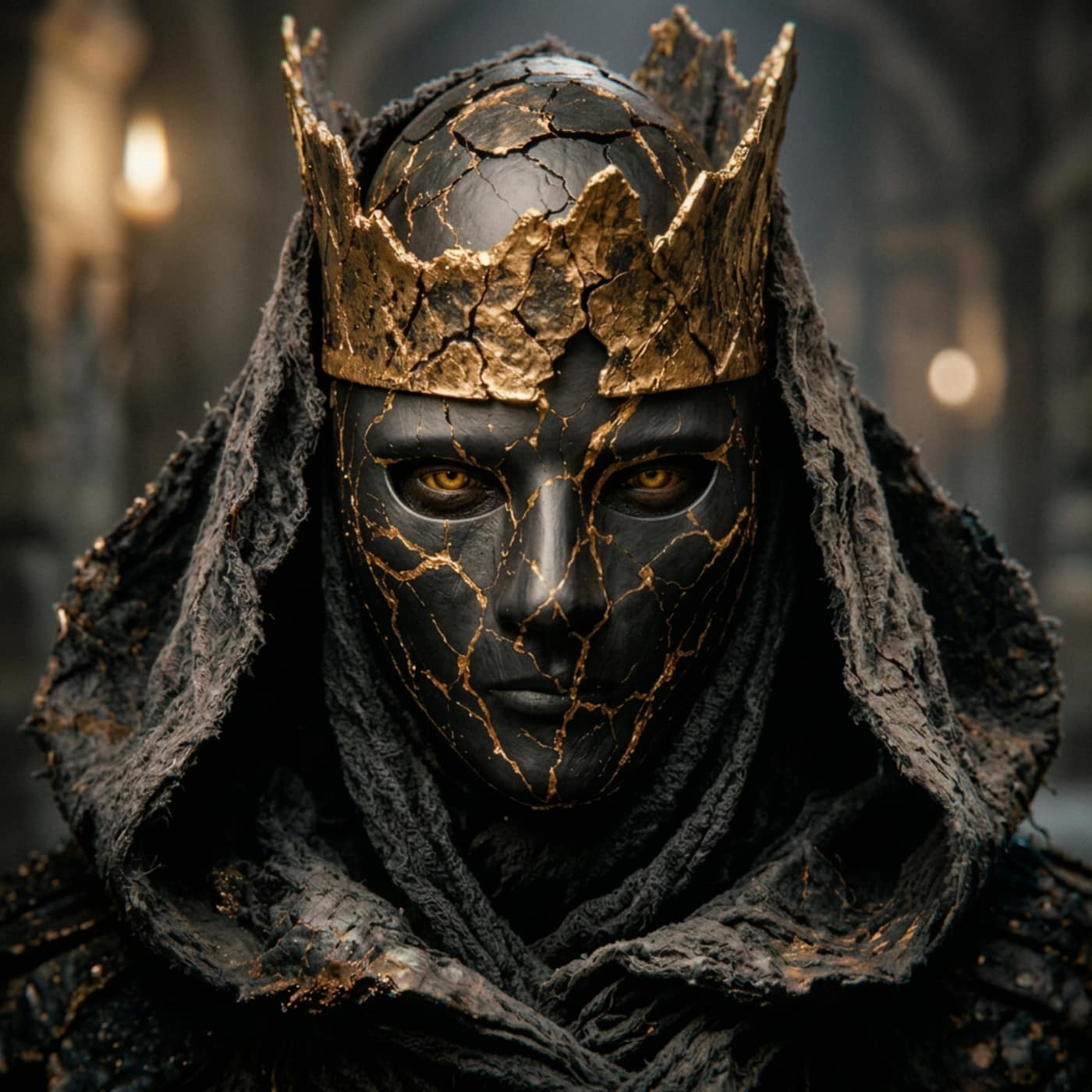 The masked king of Underdog City — a charcoal mask veined with gold kintsugi cracks, molten gold eyes, and a broken gold crown, hooded in black