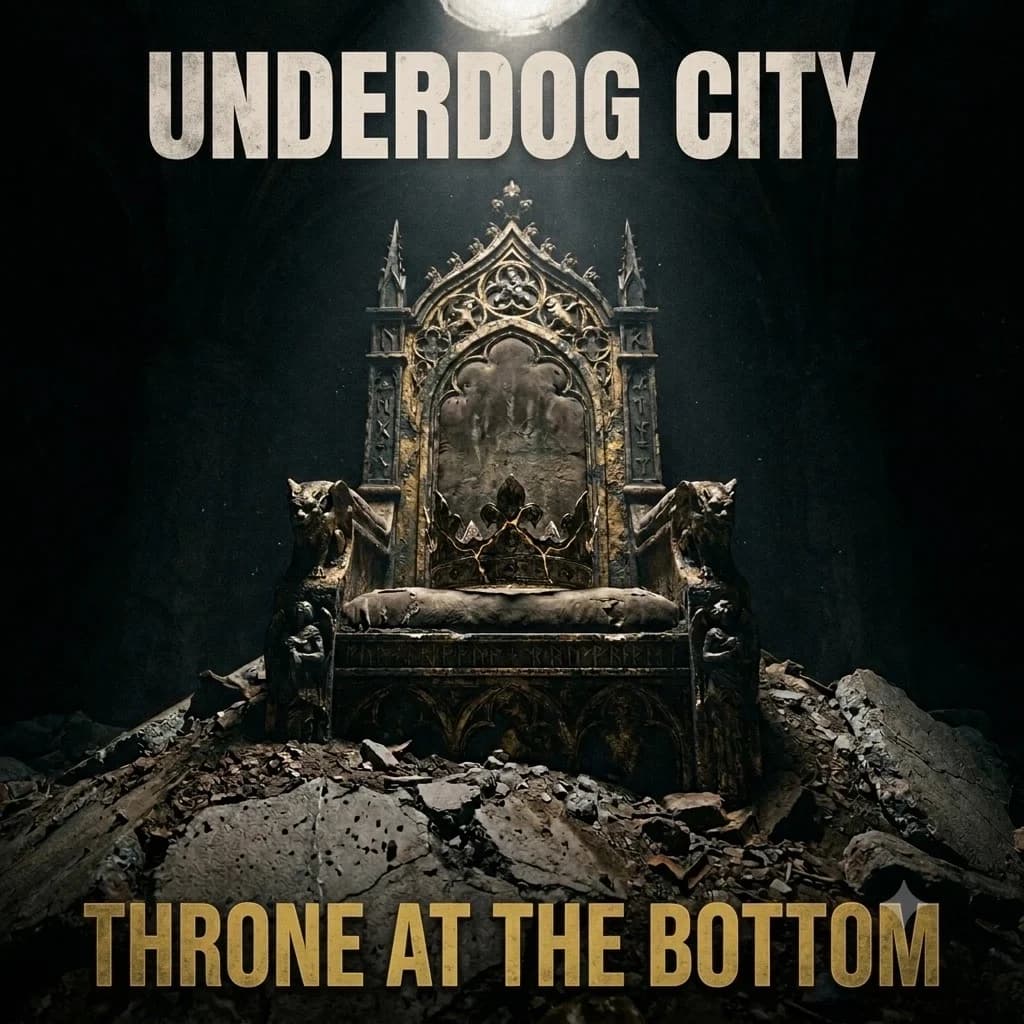 Throne at the Bottom album cover — an empty gothic throne on a mound of rubble, a cracked gold crown resting on its seat, lit from above
